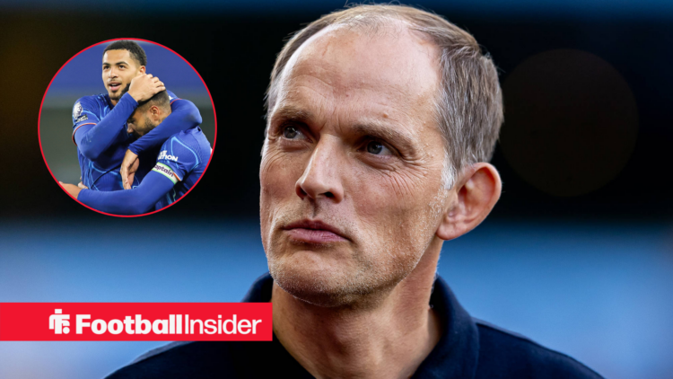 Thomas Tuchel looking deep in thought with Chelsea's Levi Colwill and Reece James embracing each other in a circular inset.
