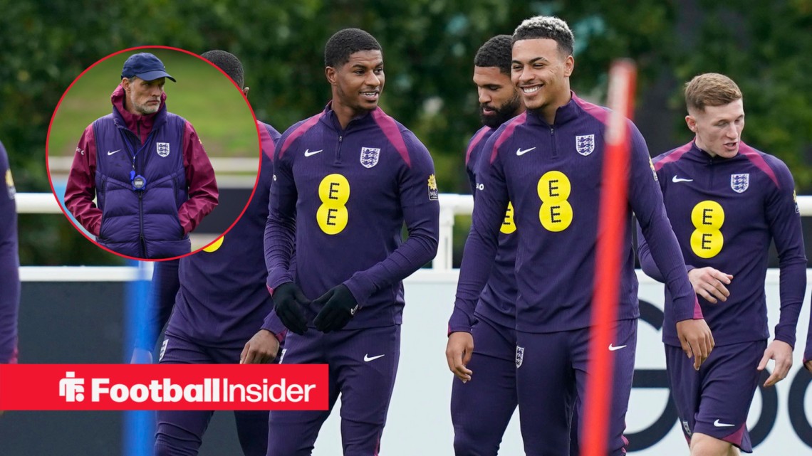 Marcus Rashford training for England with Morgan Rogers with Thomas Tuchel looking on in a circular inset.