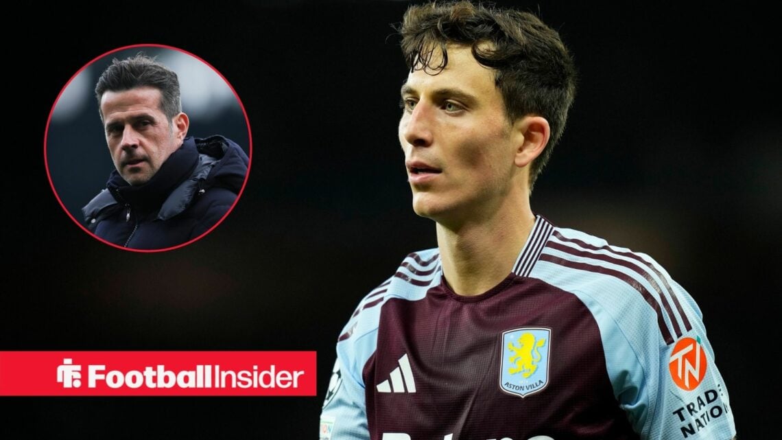 Pau Torres in action for Aston Villa with Marco Silva in a circular inset.