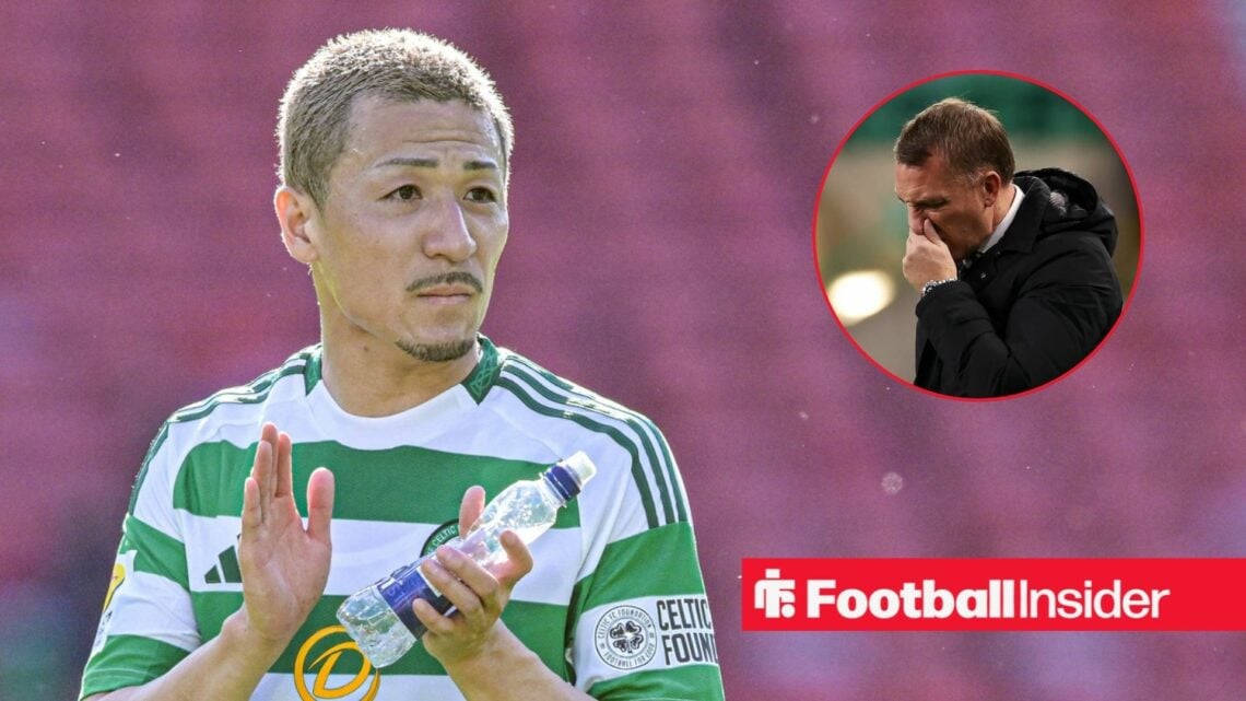 Daizen Maeda applauds, Brendan Rodgers in a circular inset