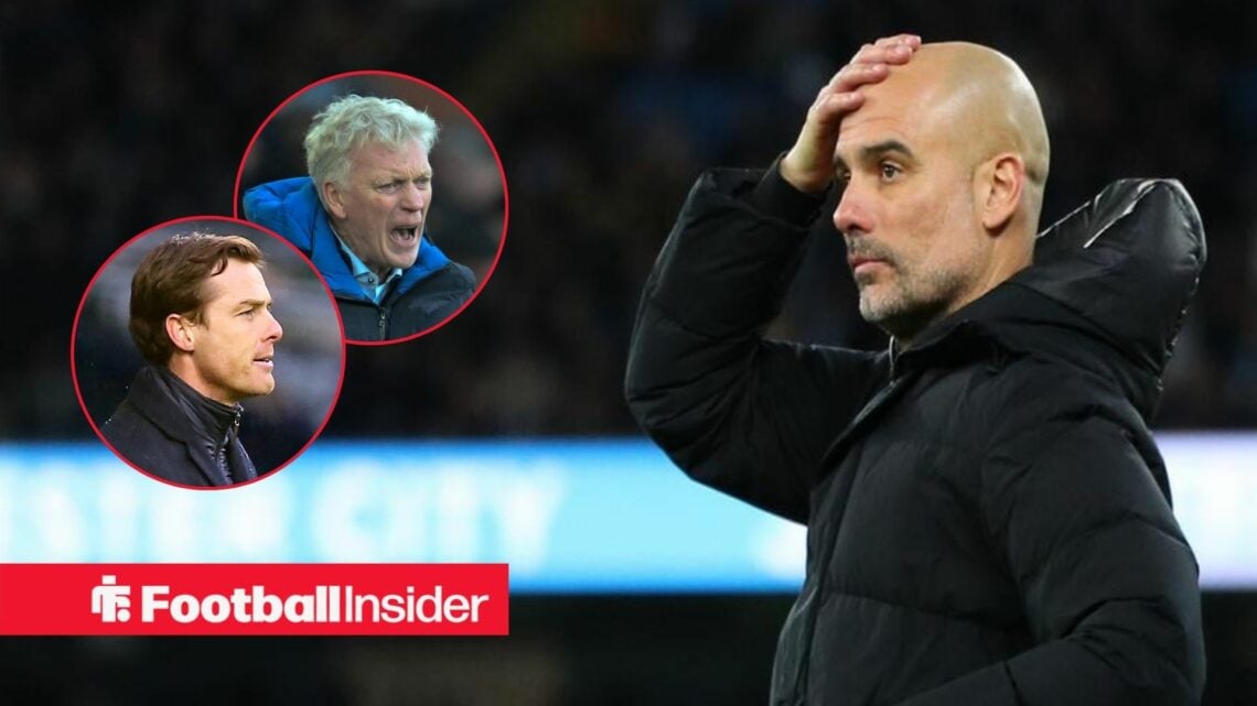 Pep Guardiola holds his hand to his head as David Moyes and Scott Parker look on from circular insets