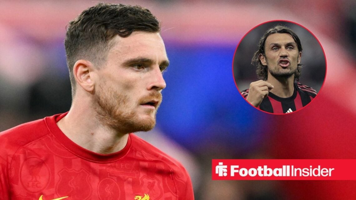 Andy Robertson warming up for Liverpool, Paolo Maldini in action for AC Milan