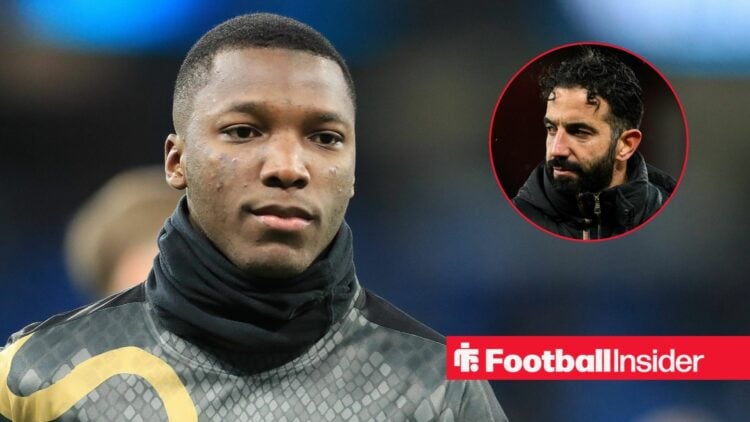 Moises Caicedo warms up for Chelsea, Ruben Amorim in a circular inset