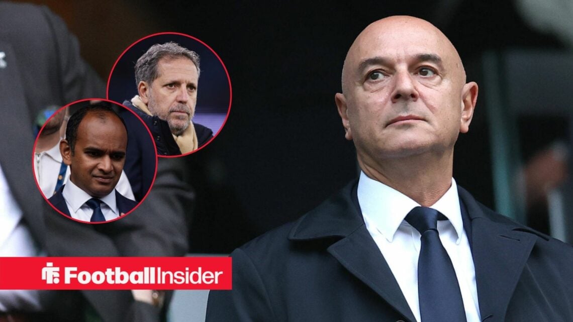 Daniel Levy looks on at Fabio Paratici and Vinai Venkatesham in circular insets