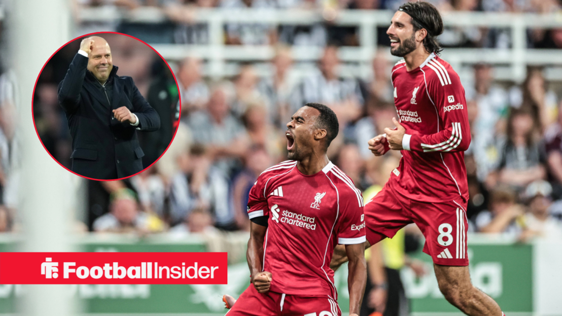 Ryan Gravenberch celebrating scoring for Liverpool with Dominik Szoboszlai with Arne Slot in a circular inset.