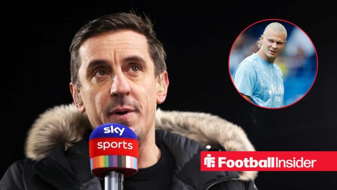 Gary Neville holding a Sky Sports microphone alongside an image of Erling Haaland in a circular frame