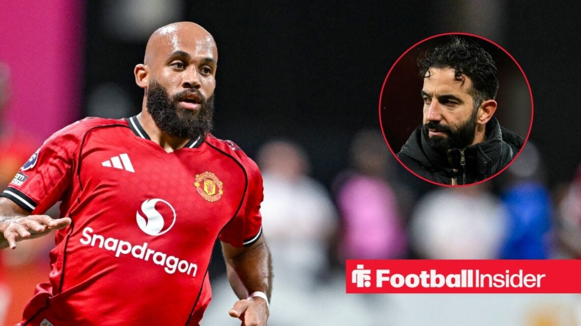 Bryan Mbeumo in action for Man United, Ruben Amorim looks across from a circular inset