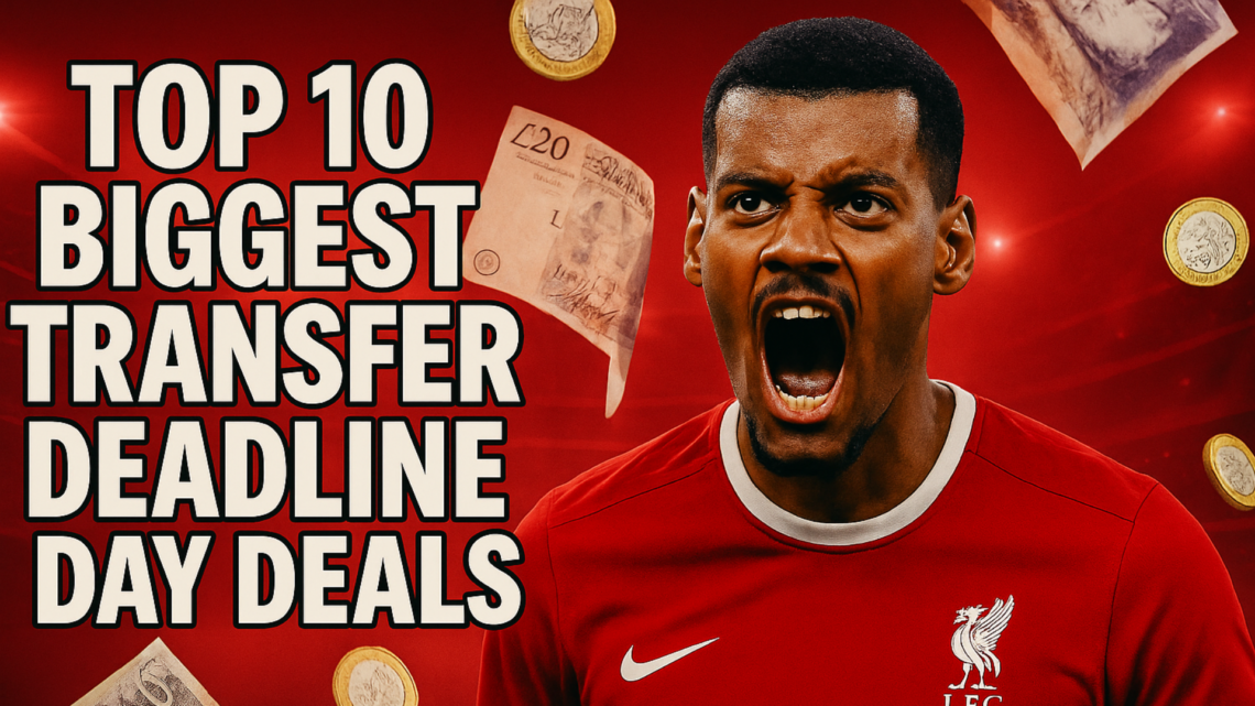 Alexander Isak in a Liverpool kit with the text: "Top 10 biggest transfer deadline day deals"