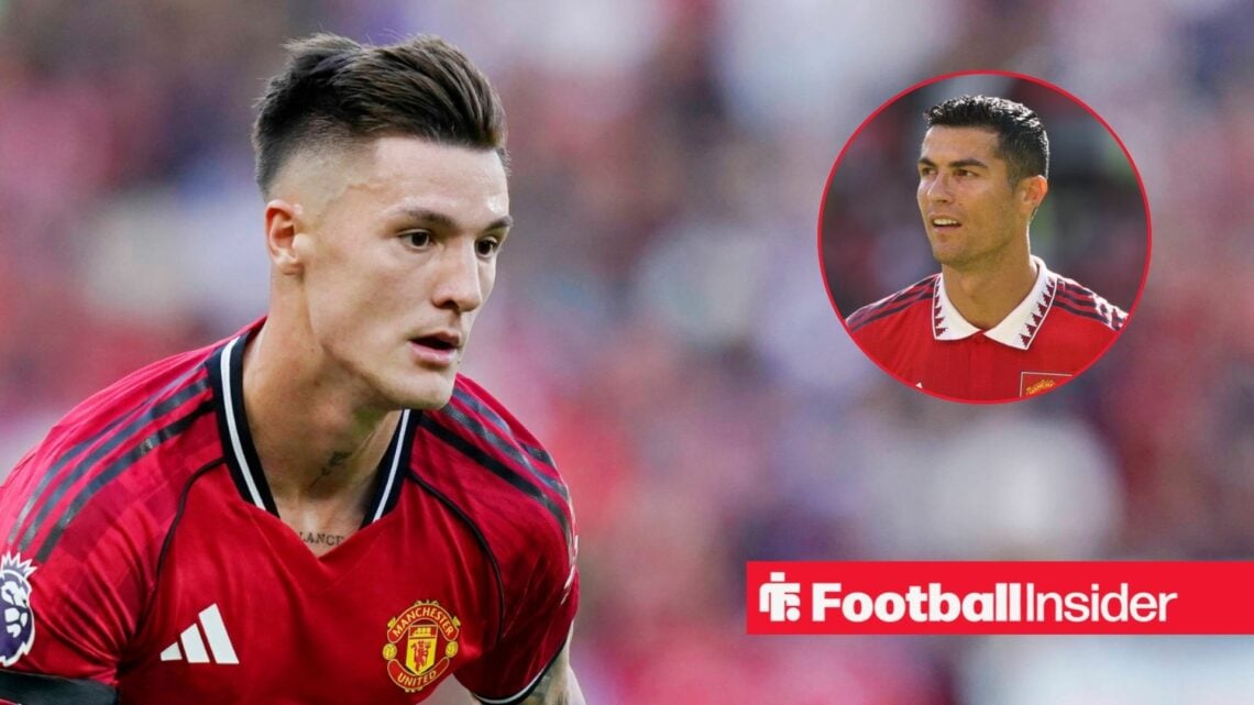 Benjamin Sesko in action for Man United, Cristiano Ronaldo looks on from a circular inset