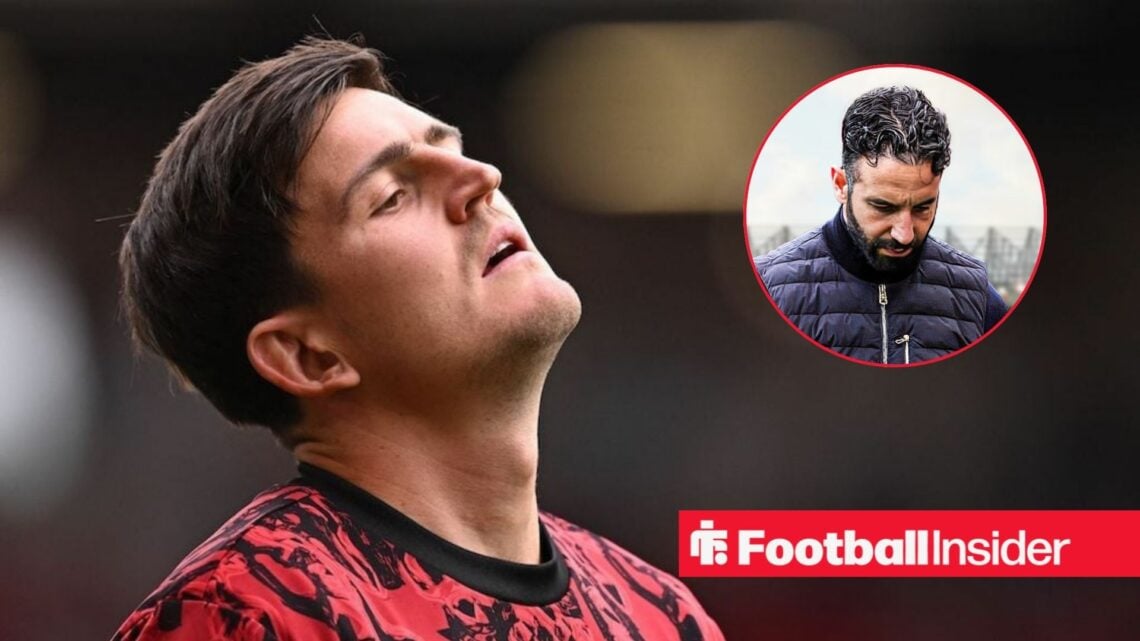 Harry Maguire looks frustrated, Ruben Amorim in a circular inset