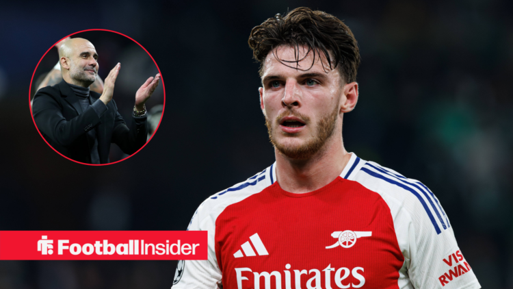 Declan Rice in action for Arsenal with Pep Guardiola clapping in a circular inset.