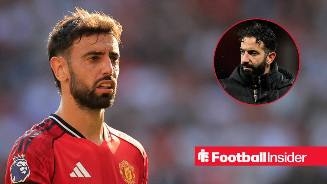 Bruno Fernandes in action for Man United, Ruben Amorim in a circular inset