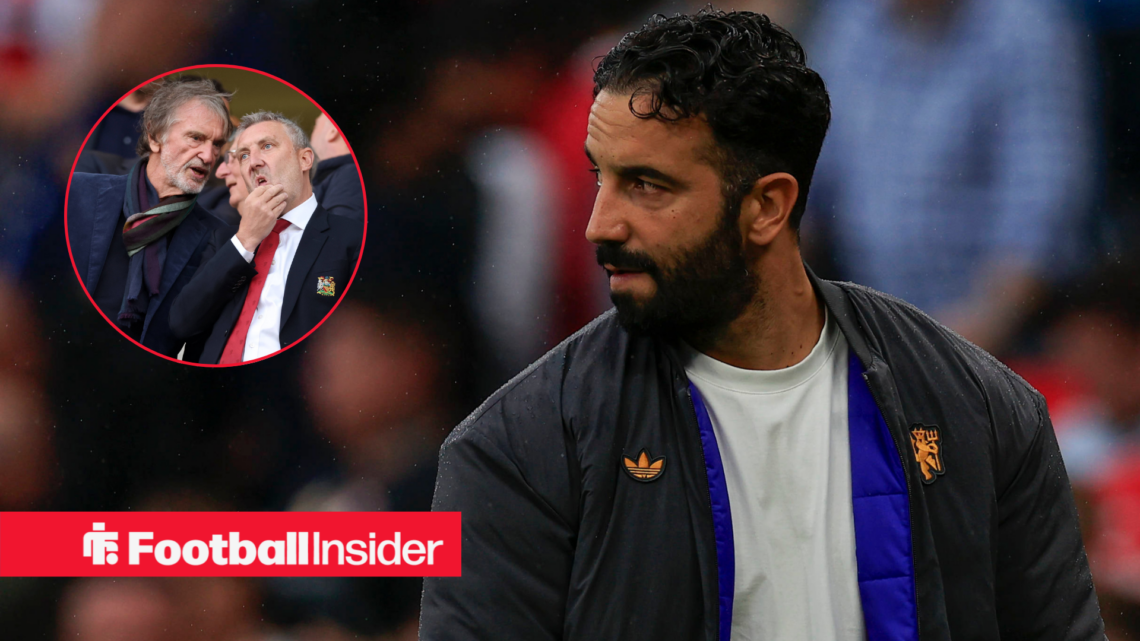 Ruben Amorim looking concerned at Old Trafford with Sir Jim Ratcliffe and Jason Wilcox in the stands in a circular inset.