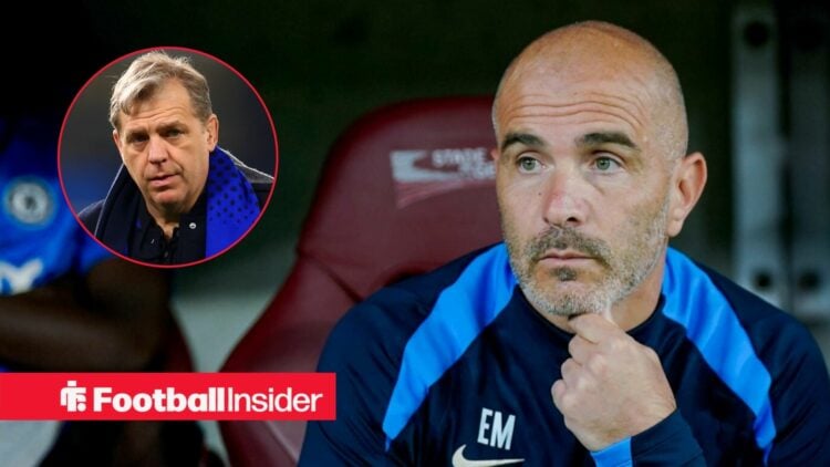 Enzo Maresca sat in the Chelsea dugout as Todd Boehly looks across