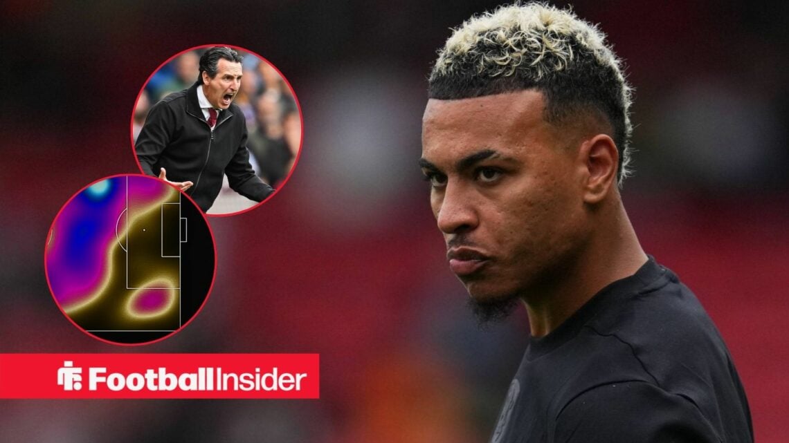 Morgan Rogers warming up for Aston Villa with his 2025-26 Premier League heatmap and an angry Unai Emery in two circular insets.