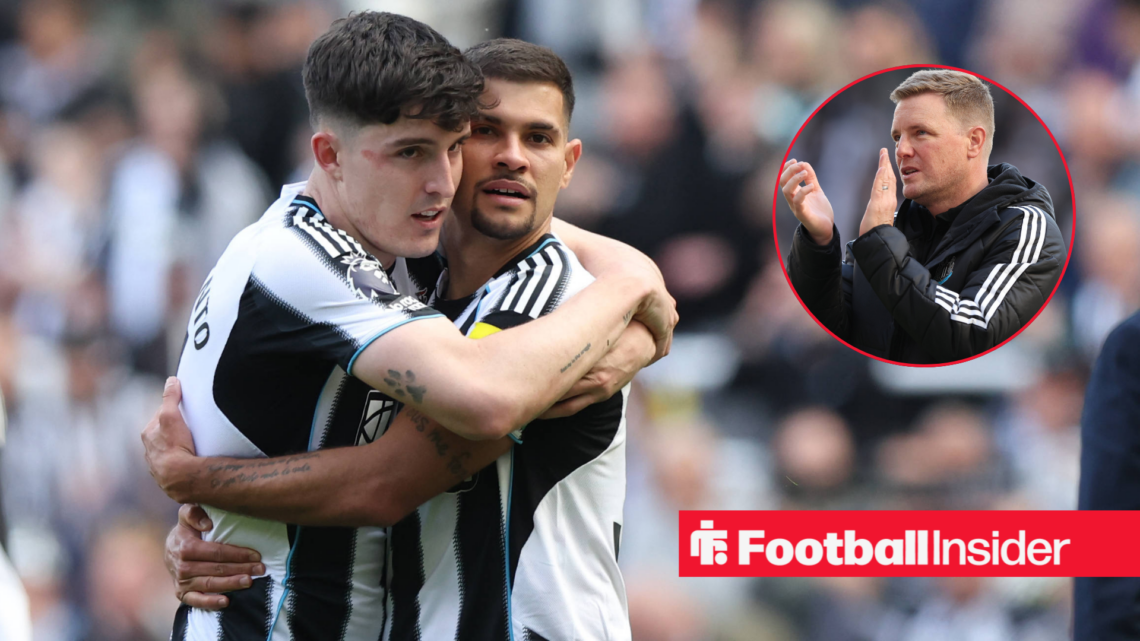 Tino Livramento and Bruno Guimaraes celebrating for Newcastle United with Eddie Howe clapping in a circular inset.