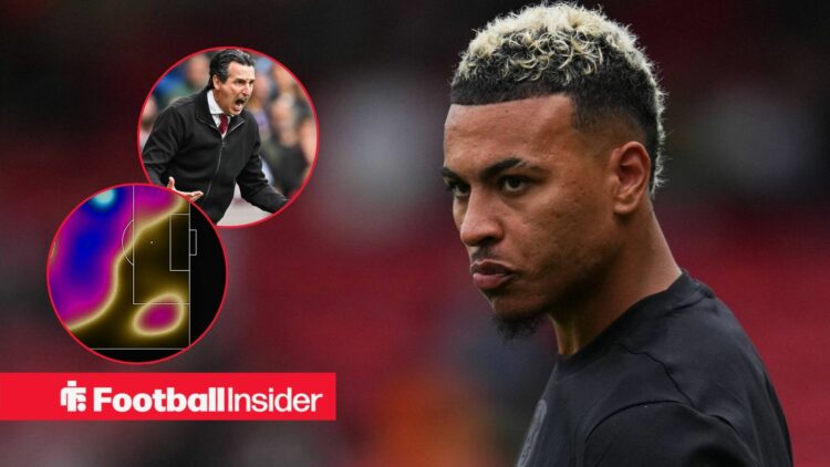 Morgan Rogers warming up for Aston Villa with his 2025-26 Premier League heatmap and an angry Unai Emery in two circular insets.