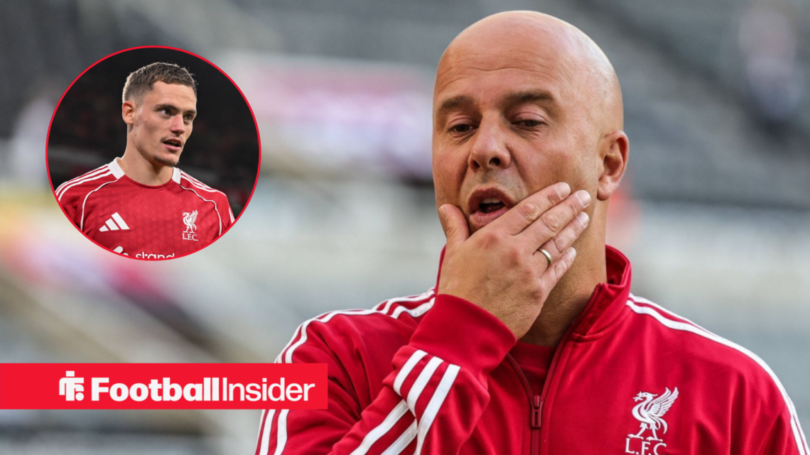 Liverpool manager Arne Slot with his hand on his face and a circle inset of Florian Wirtz