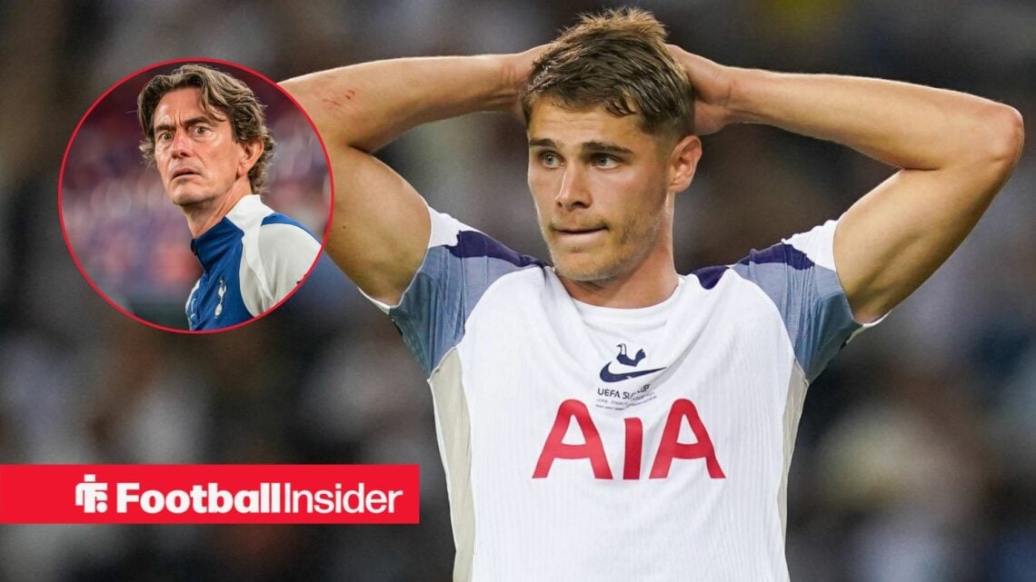 Micky van de Ven in action for Spurs with Thomas Frank looking worried in a circular inset.