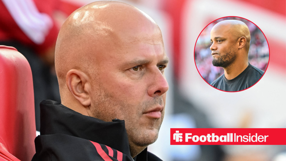 Arne Slot sat in the Anfield dugout with Vincent Kompany in a circular inset.