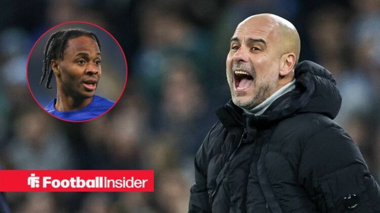 Pep Guardiola shouts instructions from the Man City touchline, Raheem Sterling in a circular inset