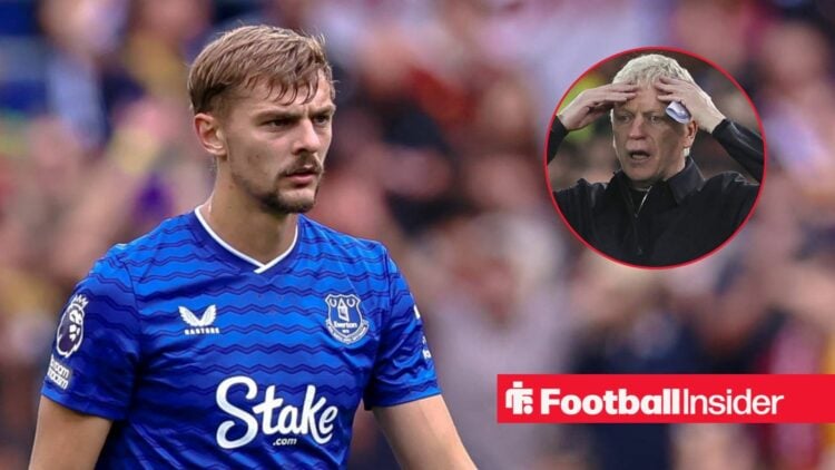 Kiernan Dewsbury-Hall in action for Everton, David Moyes in a circular inset