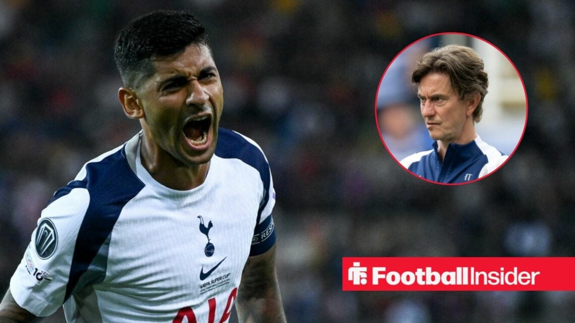 Cristian Romero in action for Tottenham, Thomas Frank in a circular inset