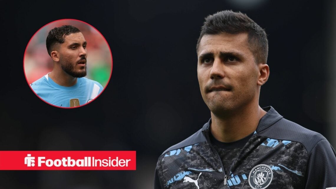 Rodri warming up for Man City, Rayan Cherki