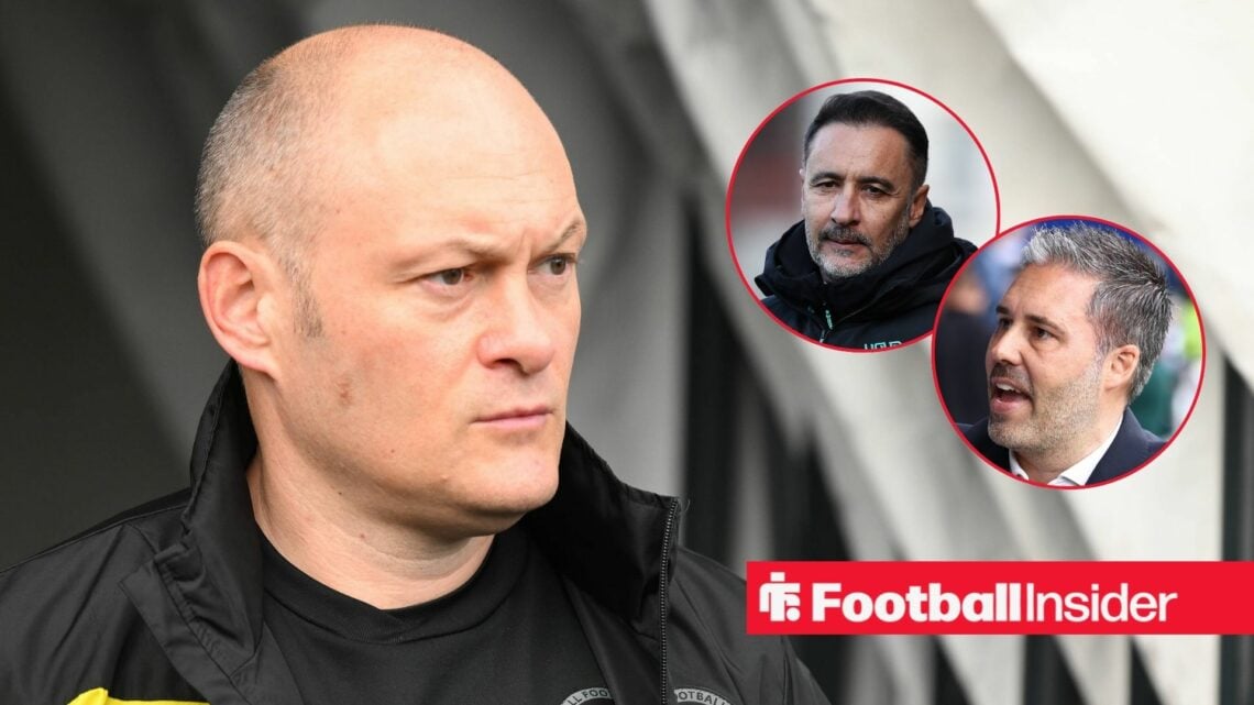 Alex Neil looks across at Vitor Pereira and Marti Cifuentes in circular insets