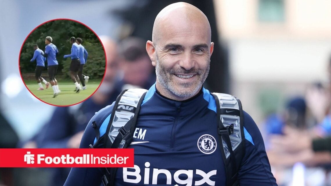 Chelsea boss Enzo Maresca smiles as Romeo Lavia trains in circular inset