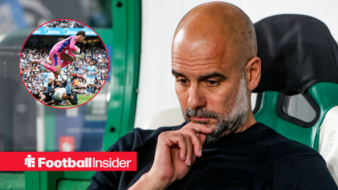 Pep Guardiola looking deep in thought with James Trafford in action for Man City in a circular inset.