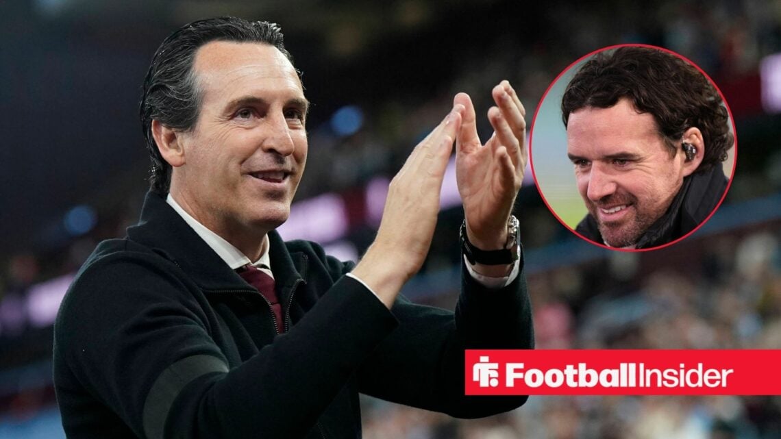 Unai Emery clapping Aston Villa fans with Owen Hargreaves in a circular inset.