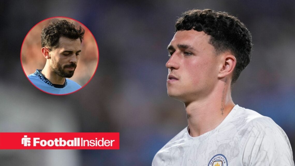 Phil Foden in action for Man City, Bernardo Silva in a circular inset