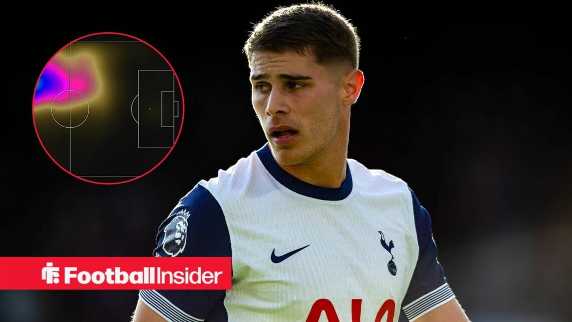 Micky van de Ven in action for Spurs with an inset showing a portion of his heatmap.