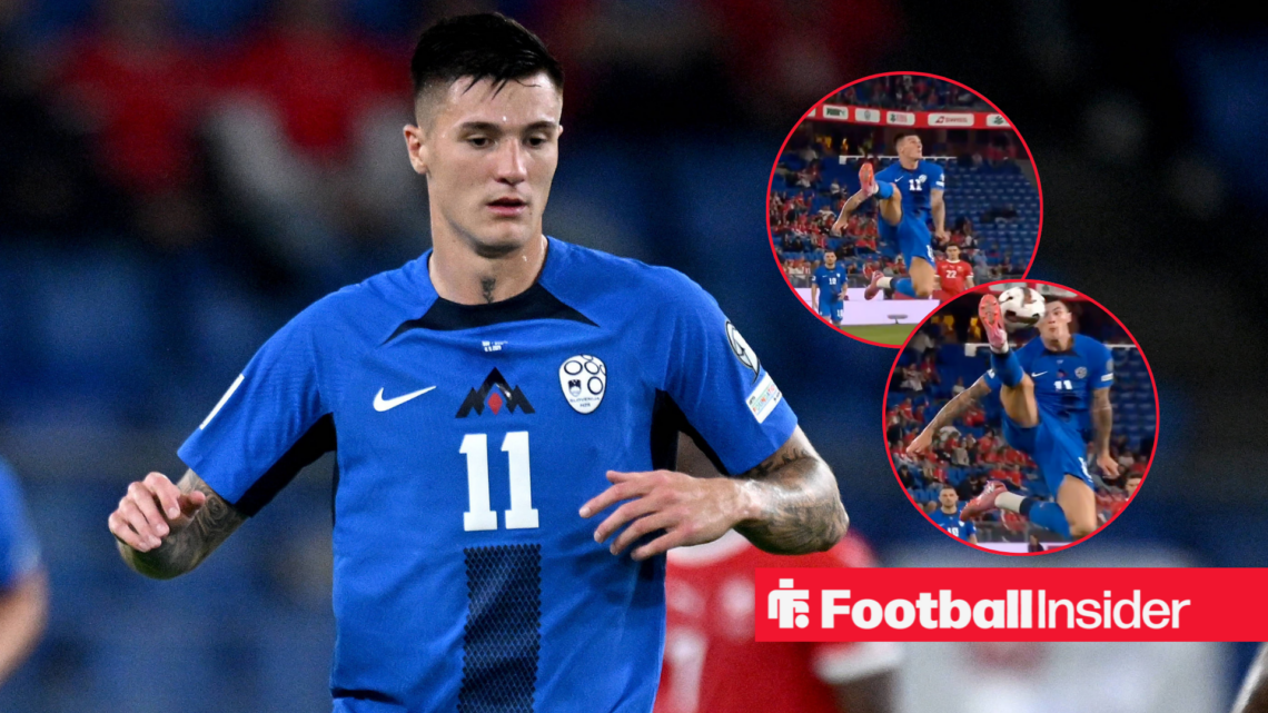 Benjamin Sesko in action for Slovenia with two circular insets showing his acrobatic first touch against Denmark.