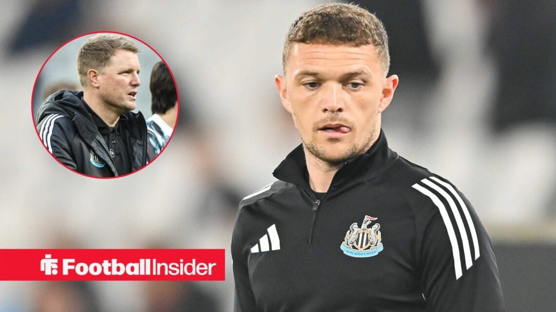 Kieran Trippier warming up for Newcastle with Eddie Howe in a circular inset.