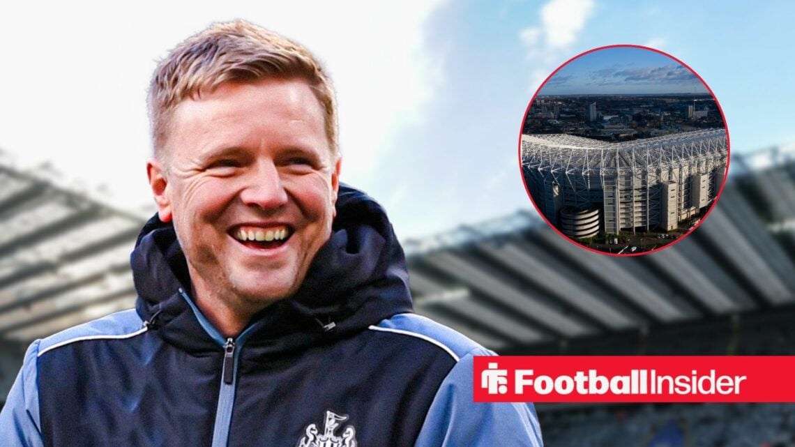 Eddie Howe smiles on the touchline, St. James' Park in a circular inset