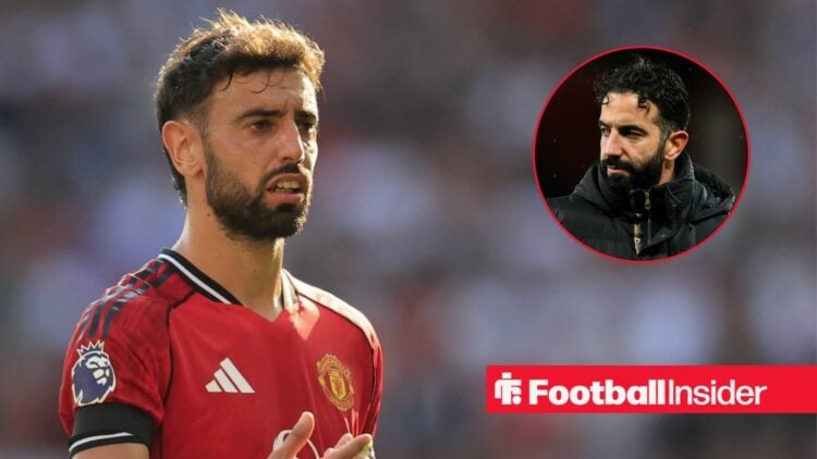 Bruno Fernandes looking frustrated, Ruben Amorim in a circular inset