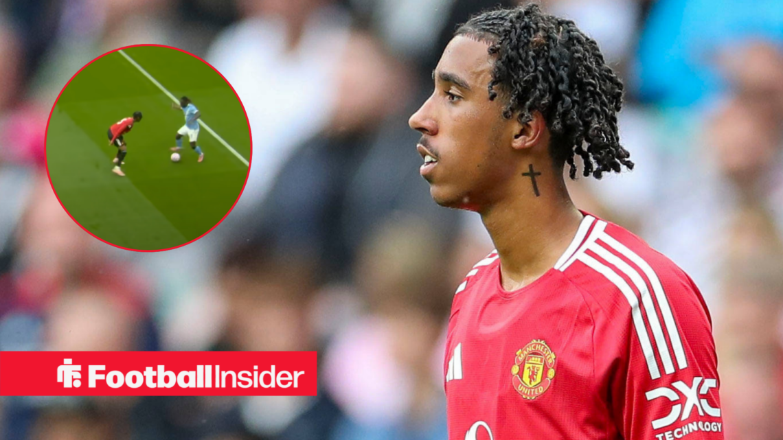 Manchester United's Leny Yoro looks on with a circular inset of Yoro defending against Jeremy Doku.