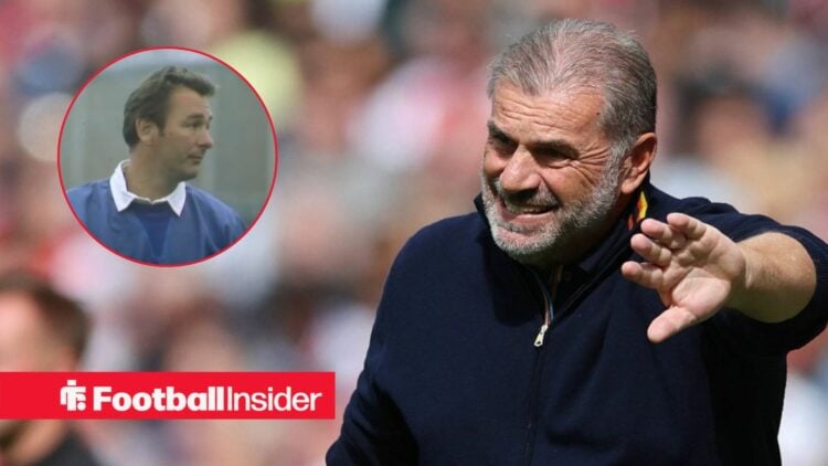 Ange Postecoglou gesticulates on the touchline, Brian Clough looks on from a circular inset