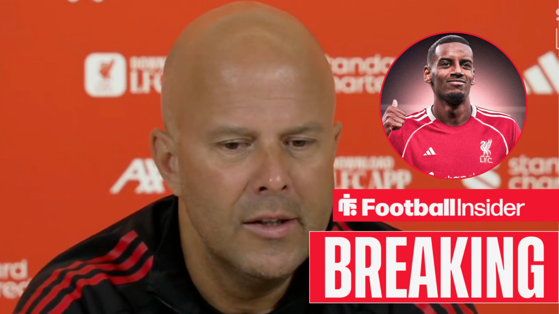 Arne Slot in a Liverpool press conference with Alexander Isak in a Liverpool kit in a circular inset.