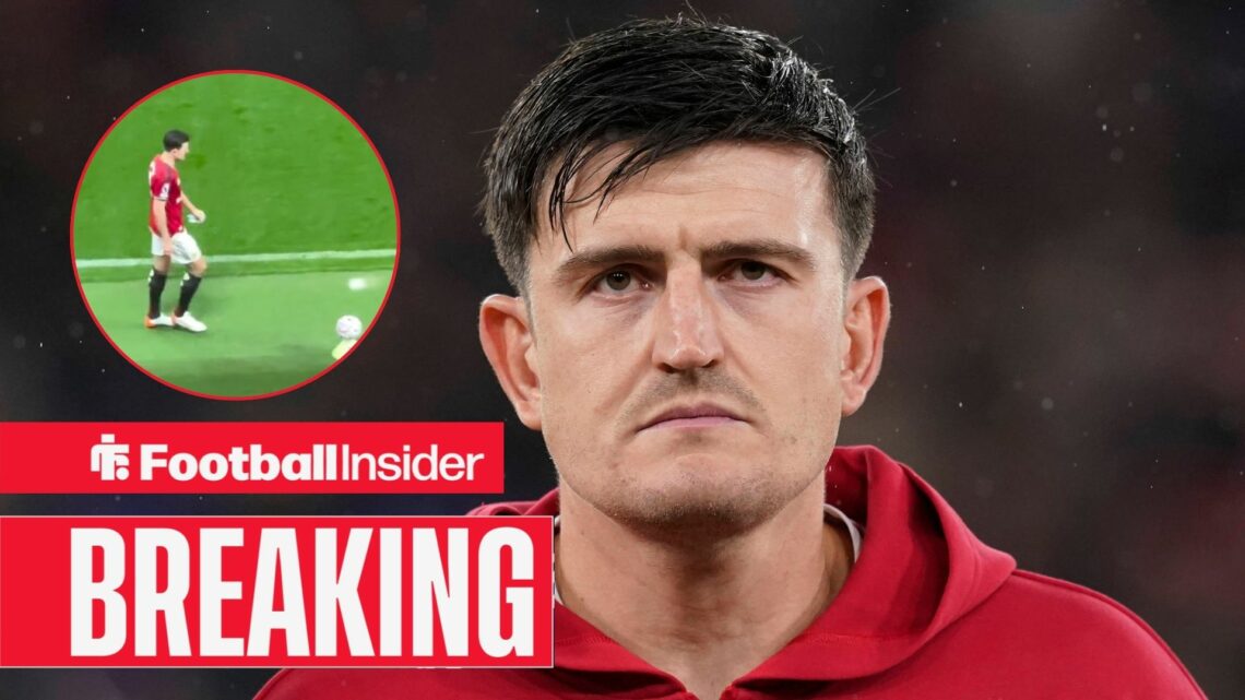 Harry Maguire representing Manchester United with a circular inset showing him in action for the Red Devils.