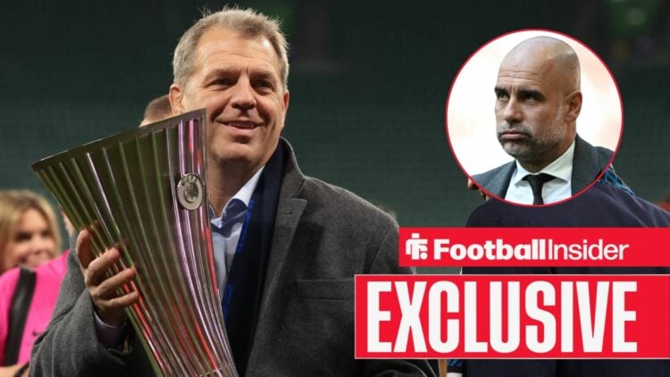 Todd Boehly holds the Conference League trophy, Pep Guardiola in a circular inset