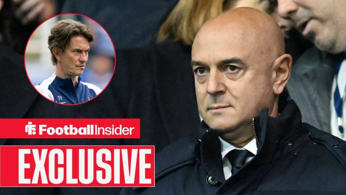 Daniel Levy sat in the Tottenham stands as Thomas Frank looks on from a circular inset
