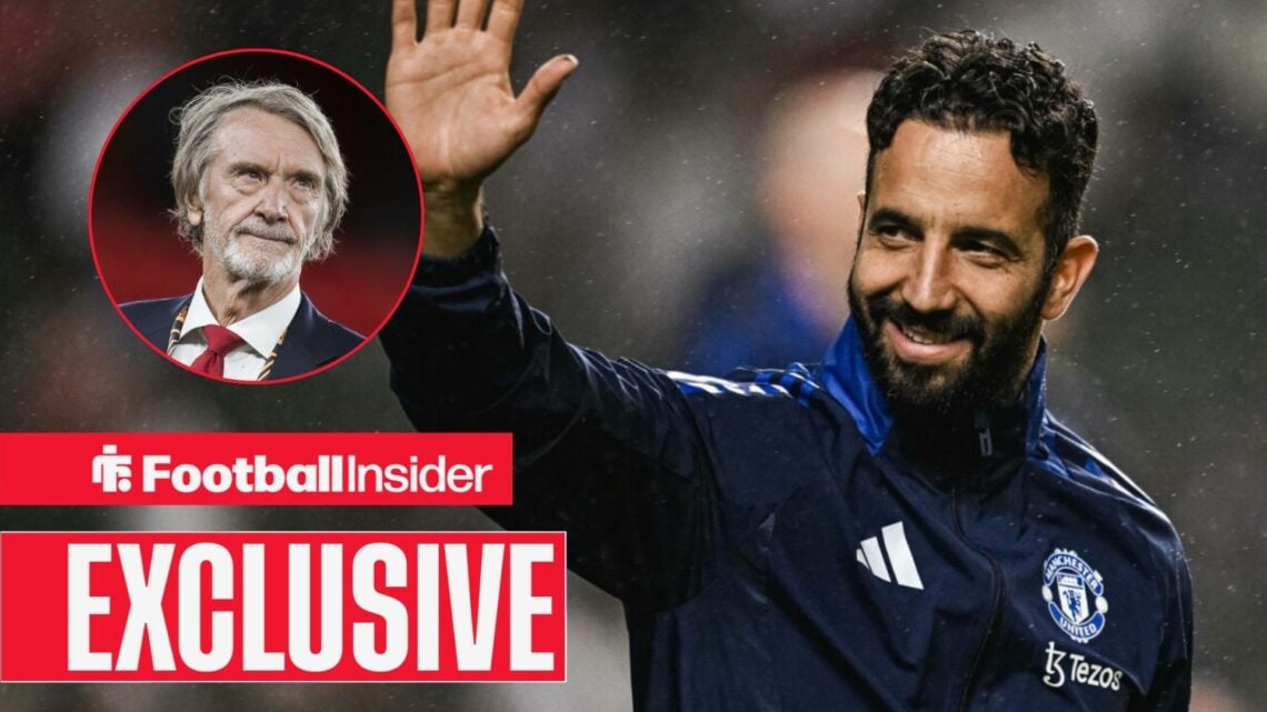 Ruben Amorim smiles and waves from the touchline, Jim Ratcliffe looks on from a circular inset