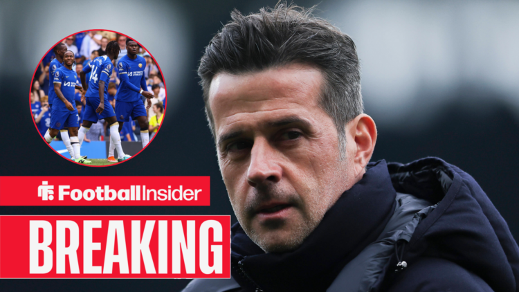 Marco Silva on the Fulham touchline with Raheem Sterling and some other Chelsea teammates in a circular inset.