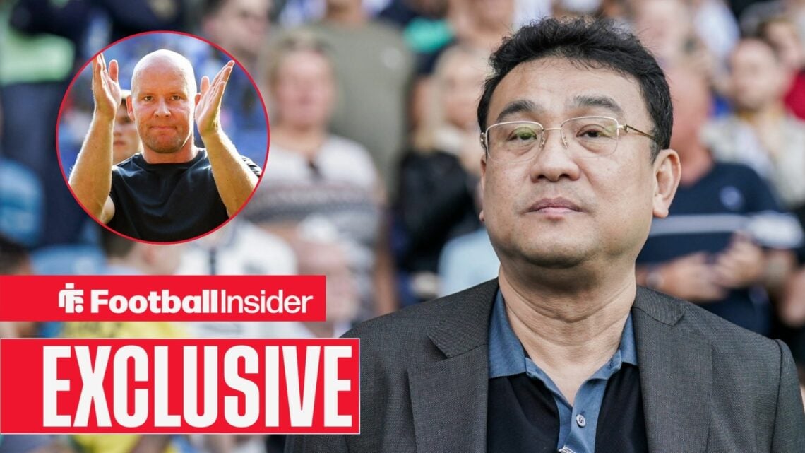 Dejphon Chansiri stands on the Hillsborough touchline, Henrik Pedersen in a circular inset