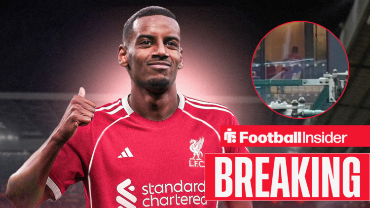 Alexander Isak wearing a Liverpool kit with him during his Liverpool medical in a circular inset.