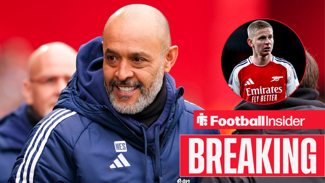 Nuno Espirito Santo smiling at Nottingham Forest fans with Oleksandr Zinchenko in a circular inset.