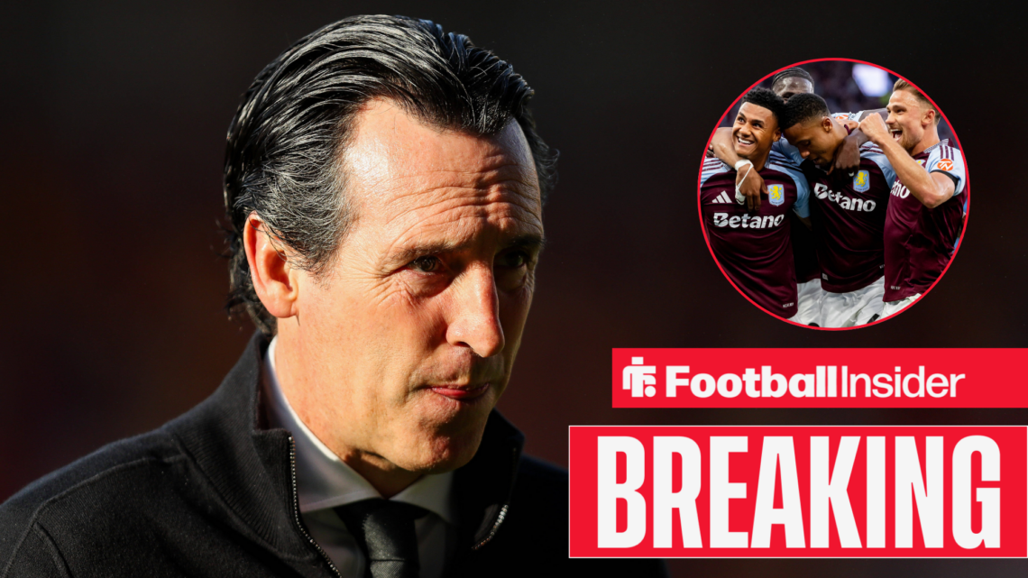Unai Emery looking on concerned with Ollie Watkins and Matty Cash celebrating for Aston Villa in a circular inset.